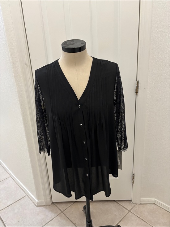 NY Collection Tops - Black Lace-Sleeve V-Neck Button Front Women's Top by NY. Collection